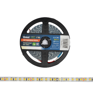 ULS-2835-120LED/m-8mm-IP20-DC24V-9,6W/m-5M-3000K Светодиодная лента (3000K). ТМ Uniel.