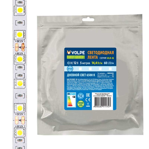 ULS-Q221 5050-60LED/m-10mm-IP20-DC12V-14,4W/m-5M-6500K Гибкая светодиодная лента (6500K).