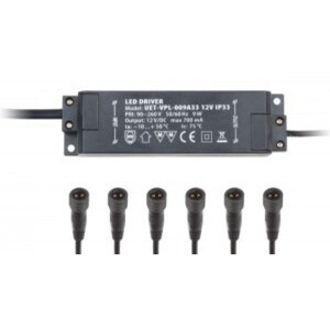 UET-VPL-009А33 12V IP33 6 выходов Блок питания для светодиодов с вилкой  6 коннекторами. Мощность 9W