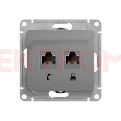 Механизм двойной розетки RJ11+RJ45, кат.5е(телеф.+комп) СП, Glossa, алюминий Механизм двойной розетки RJ11+RJ45, кат.5е(телеф.+комп) СП, Glossa, алюминий