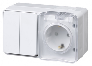 AtlasDesign PROFI IP54 О/У БЛОК: РОЗ. з/к со шт. 16А, ВЫКЛ.2-клав.10А, БЕЛЫЙ