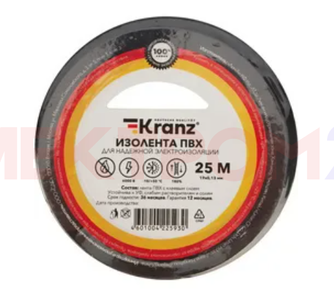 Изолента ПВХ черная 0,13х19 мм, 25 м, черная KRANZ Изолента ПВХ черная 0,13х19 мм, 25 м, черная KRANZ