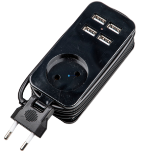 S-CT1-1,5U BLACK Удлинитель серии Travel, шнур 1,5м., 1 гнездо, 10A, б/з, 4USB(2,1A). Черный. ТМ Uni