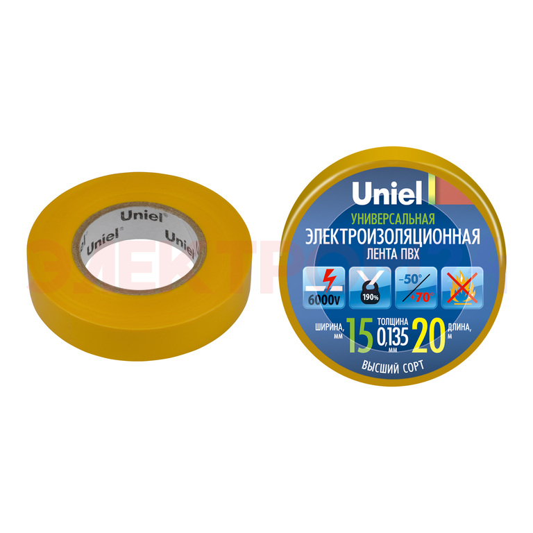 UIT-135P 20/15/01 YEL Изоляционная лента Uniel 20м, 15мм, 0,135мм, 1шт, цвет Желтый UIT-135P 20/15/01 YEL Изоляционная лента Uniel 20м, 15мм, 0,135мм, 1шт, цвет Желтый