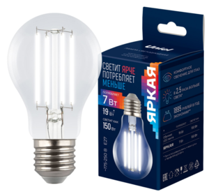 LED-A60-7W-4000K-E27-CL GLY01TR Лампа светодиодная. Форма A. прозрачная. Серия Яркая A++. Белый свет