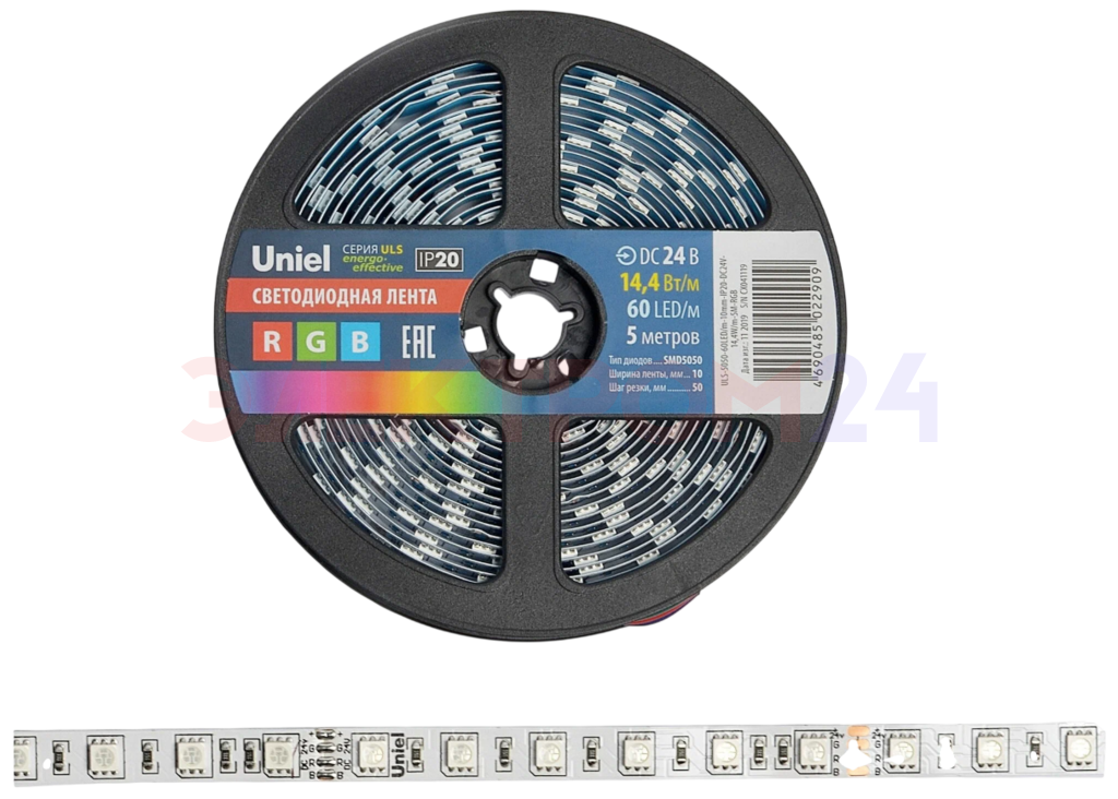 ULS-5050-60LED/m-10mm-IP20-DC24V-14,4W/m-5M-RGB светодиодная лента RGB UNIEL ULS-5050-60LED/m-10mm-IP20-DC24V-14,4W/m-5M-RGB светодиодная лента RGB UNIEL